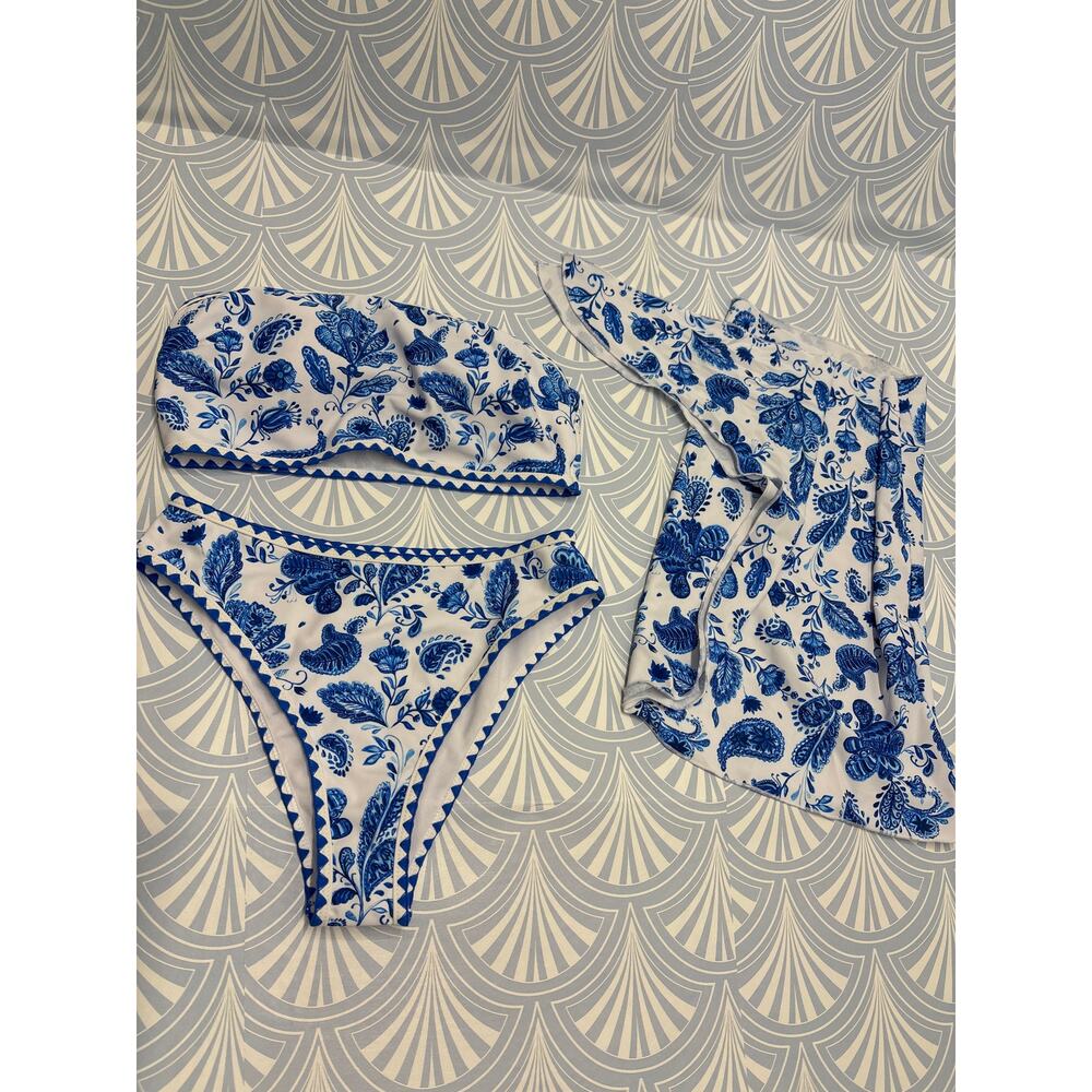 New Blue floral leaves high waisted women bikini two pieces swimsuit & skirt M - Picture 9 of 9